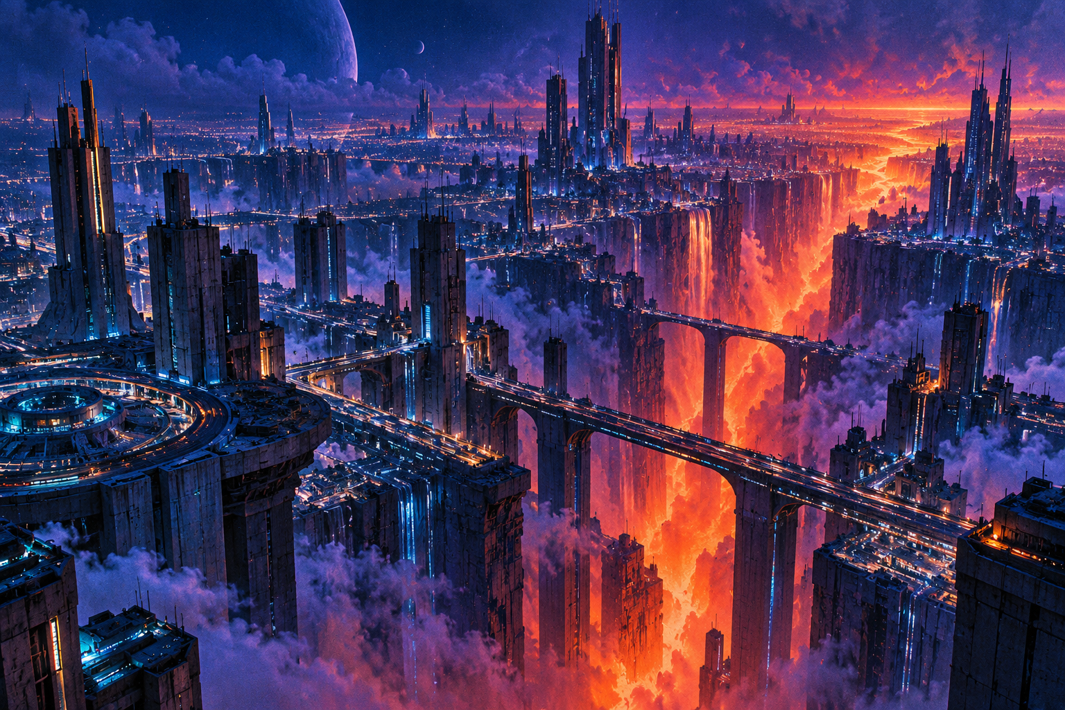 A vast violet and orange city split by a glowing rift